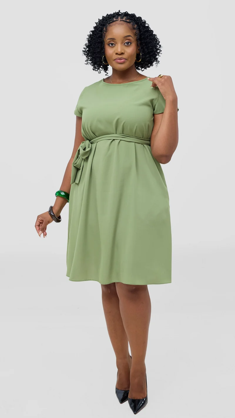 Vivo Basic Cap Sleeve Knee Length Dress - Olive