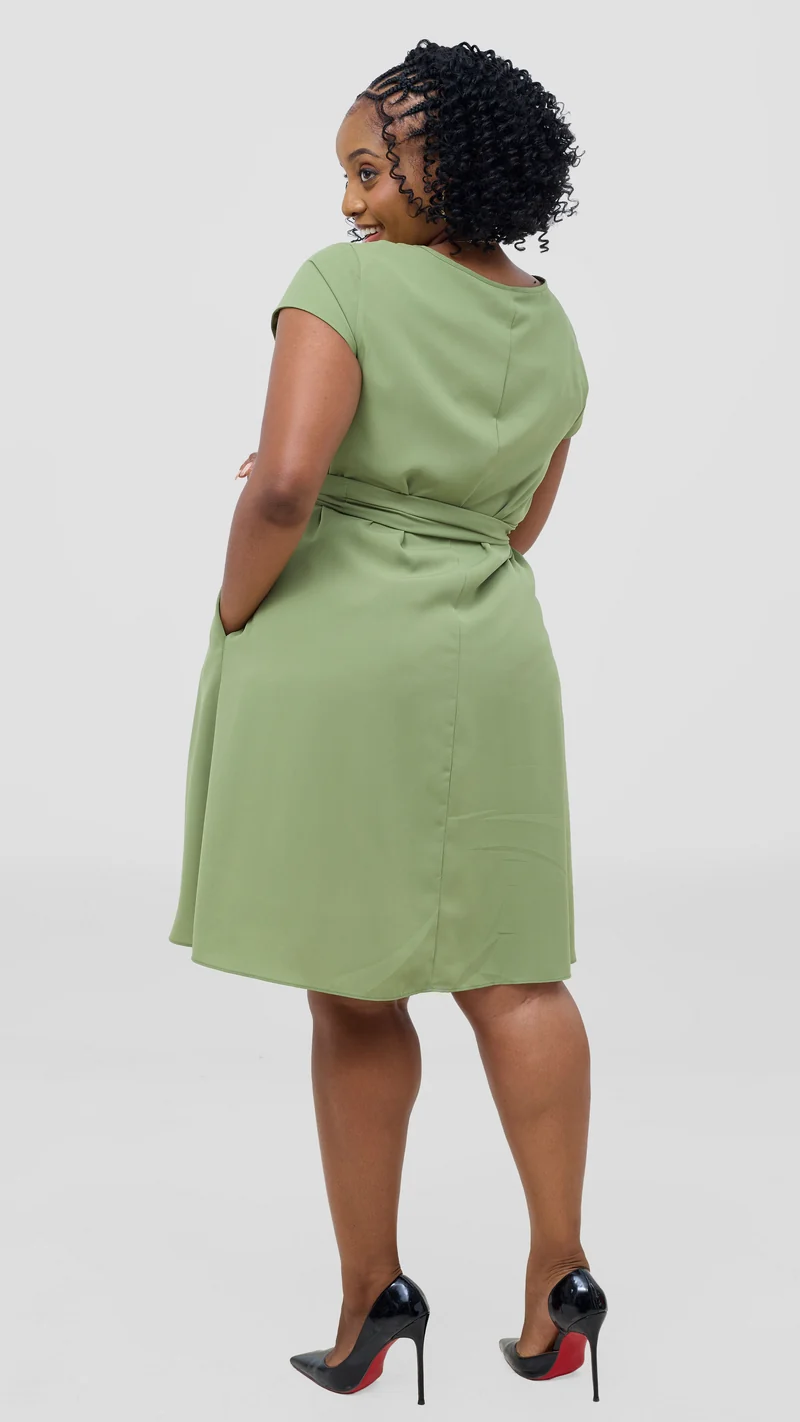 Vivo Basic Cap Sleeve Knee Length Dress - Olive