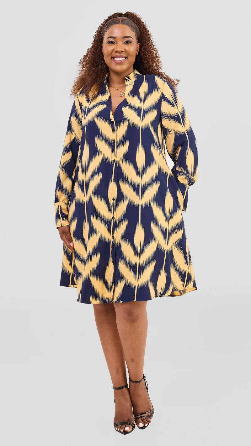 Vivo Kani Tent Shirt Dress - Mustard / Navy Print