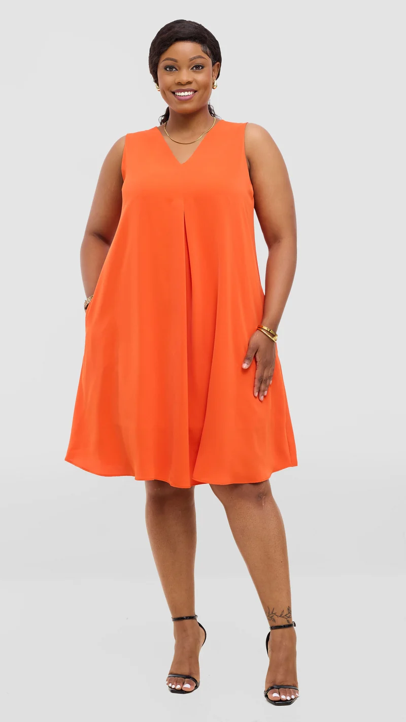 Vivo Ava Front Pleat Knee Length Dress In Crepe - Orange