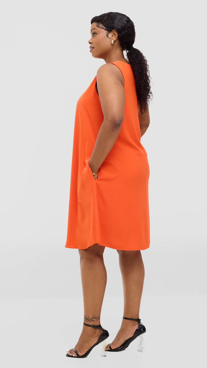Vivo Ava Front Pleat Knee Length Dress In Crepe - Orange