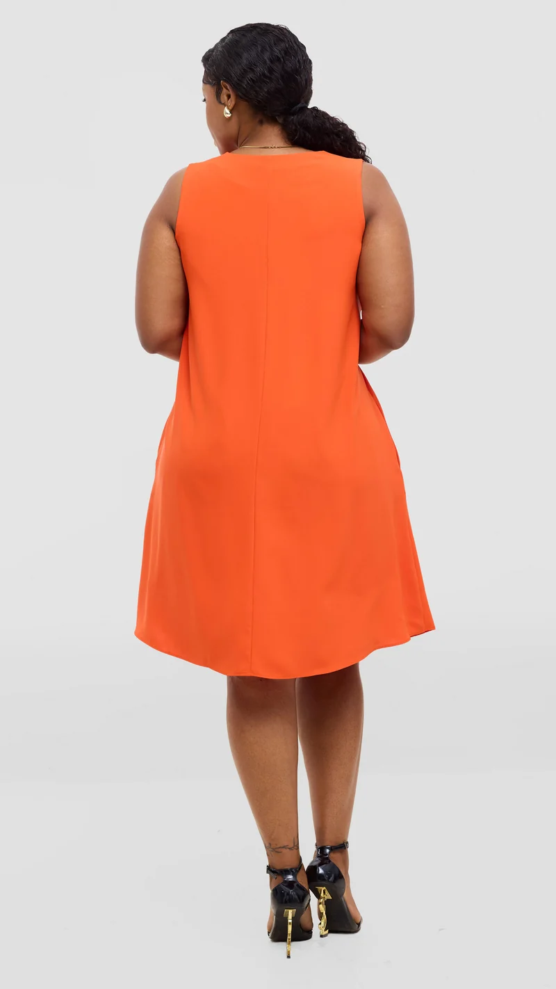 Vivo Ava Front Pleat Knee Length Dress In Crepe - Orange