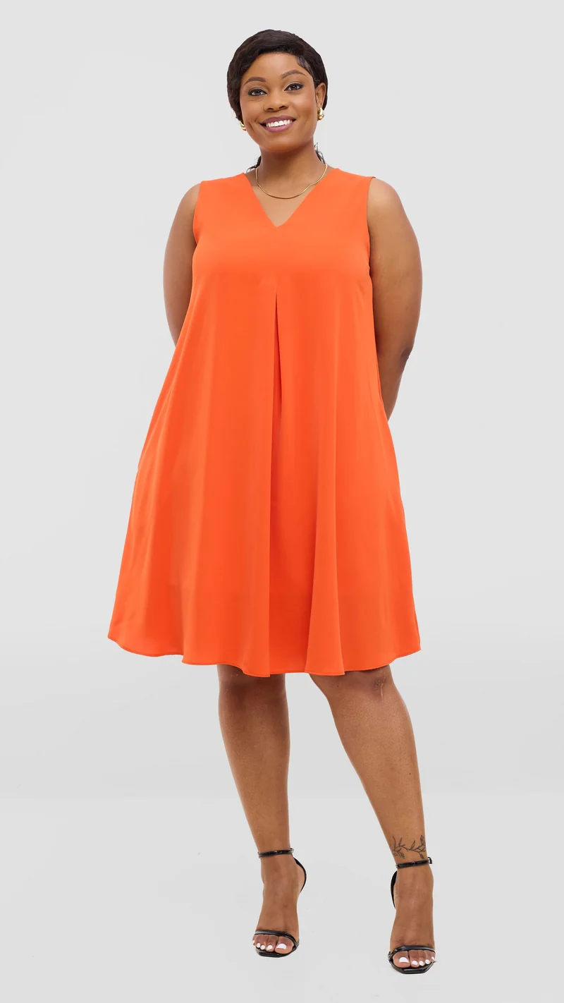 Vivo Ava Front Pleat Knee Length Dress In Crepe - Orange