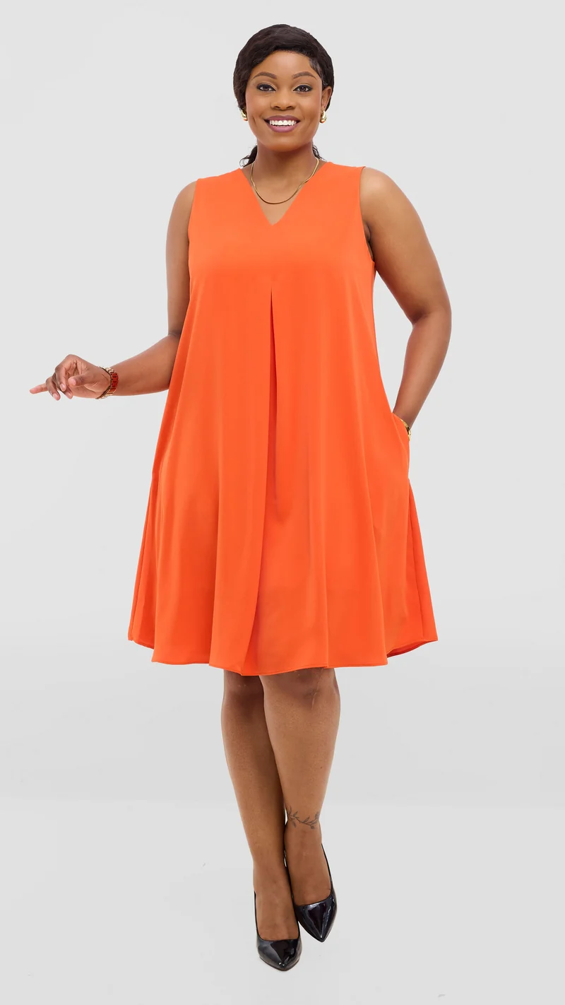 Vivo Ava Front Pleat Knee Length Dress In Crepe - Orange