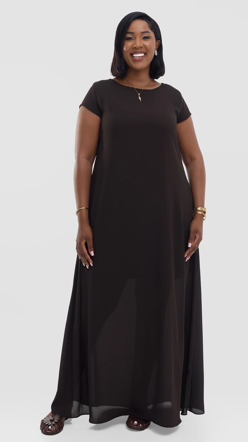Vivo Basic Cap Sleeve Maxi Dress in Chiffon - Chocolate