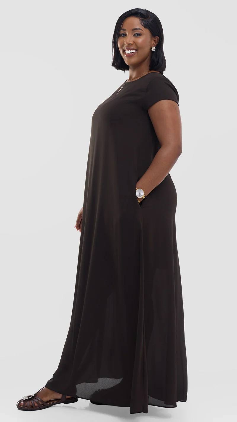 Vivo Basic Cap Sleeve Maxi Dress in Chiffon - Chocolate