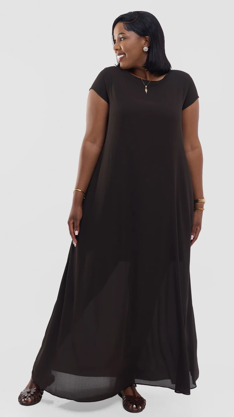 Vivo Basic Cap Sleeve Maxi Dress in Chiffon - Chocolate