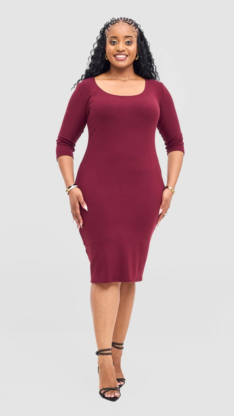 Vivo Basic 3/4 Sleeve Leila Bodycon Dress - Maroon