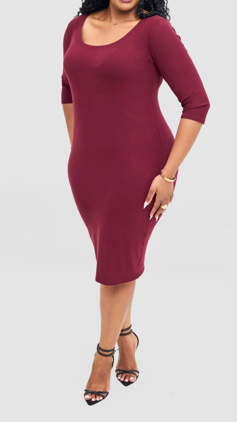 Vivo Basic 3/4 Sleeve Leila Bodycon Dress - Maroon