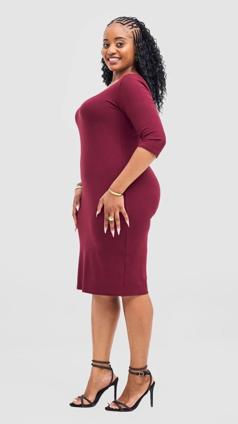 Vivo Basic 3/4 Sleeve Leila Bodycon Dress - Maroon