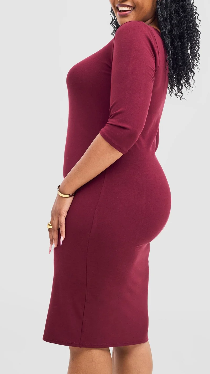 Vivo Basic 3/4 Sleeve Leila Bodycon Dress - Maroon
