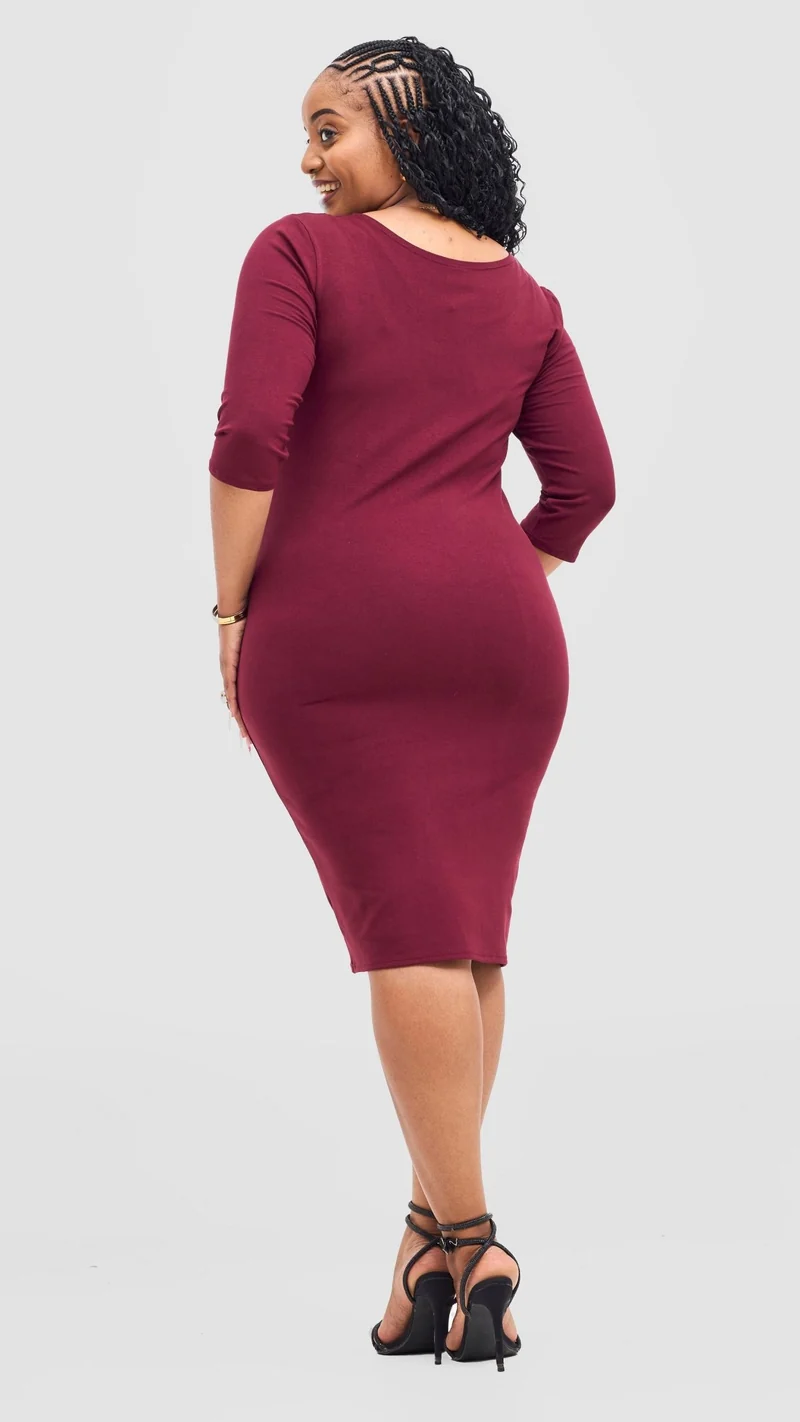 Vivo Basic 3/4 Sleeve Leila Bodycon Dress - Maroon