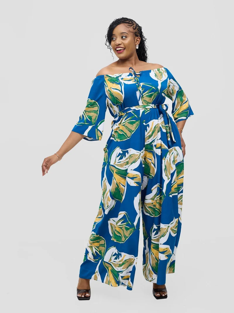 Vivo Zahari 3/4 Sleeve Off-Shoulder Jumpsuit - Royal Blue Ari Print