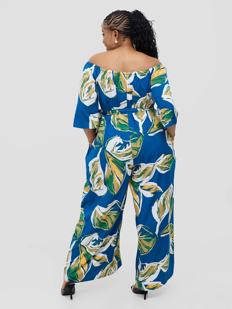 Vivo Zahari 3/4 Sleeve Off-Shoulder Jumpsuit - Royal Blue Ari Print