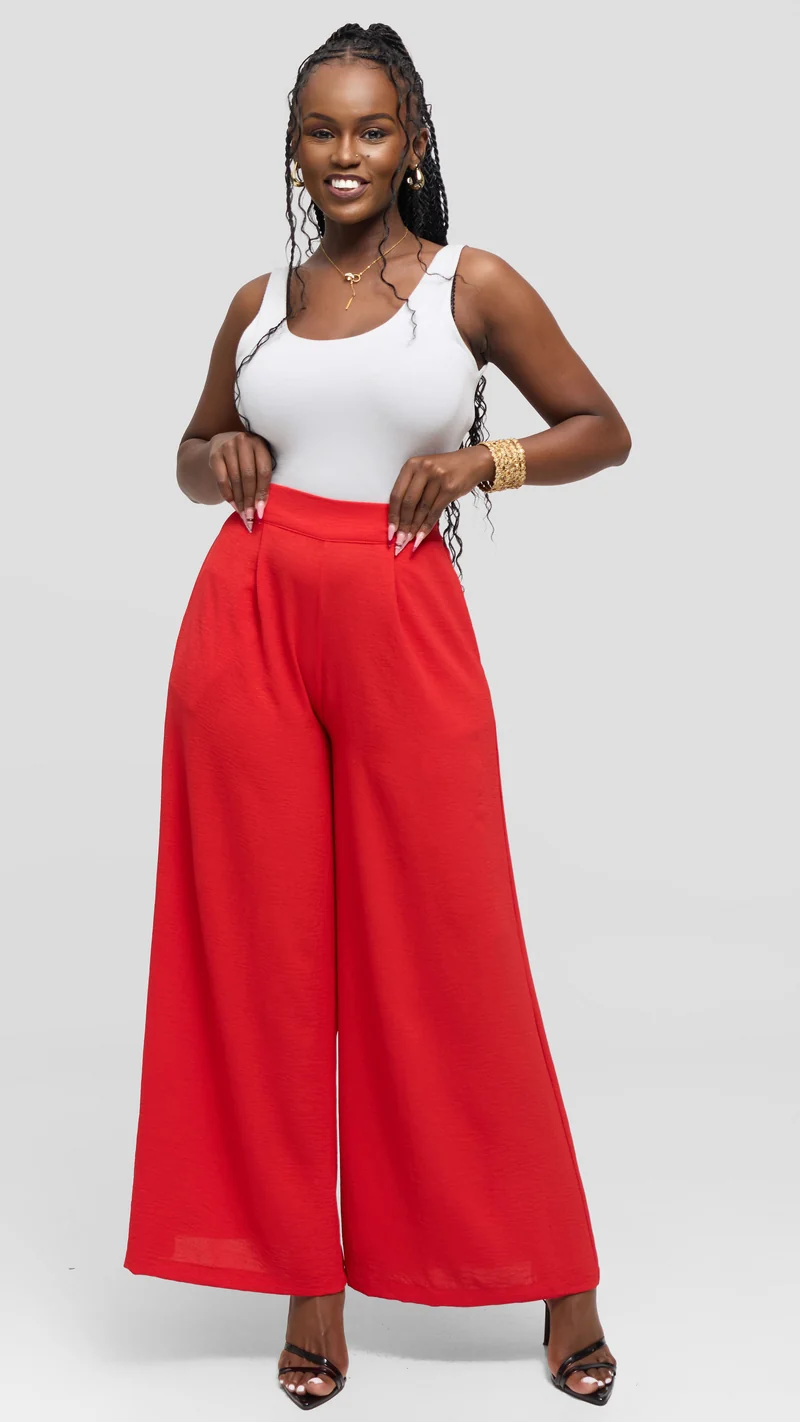 Vivo Wide Leg Pants in Textured Crepe - Red