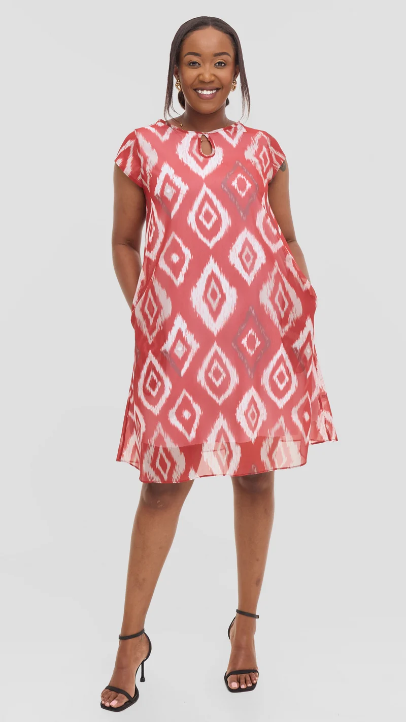 Vivo Sierra Cap Sleeve Tent Chiffon Dress - Red Textured Print