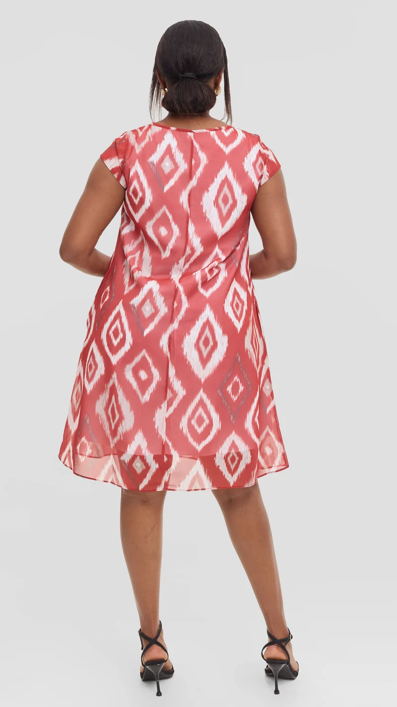 Vivo Sierra Cap Sleeve Tent Chiffon Dress - Red Textured Print