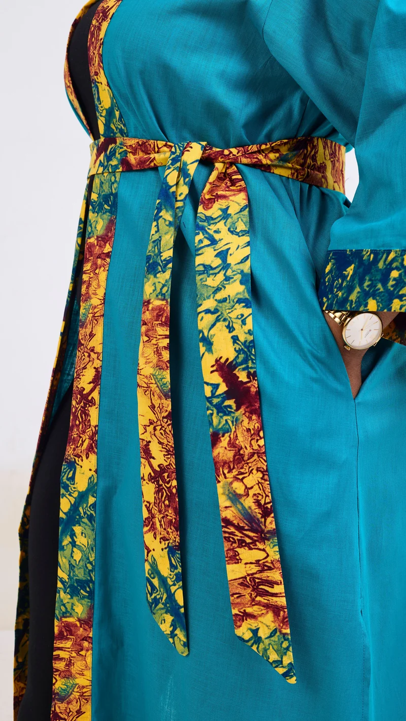 Safari Tafari High Slit Kimono - Teal / Keta Print