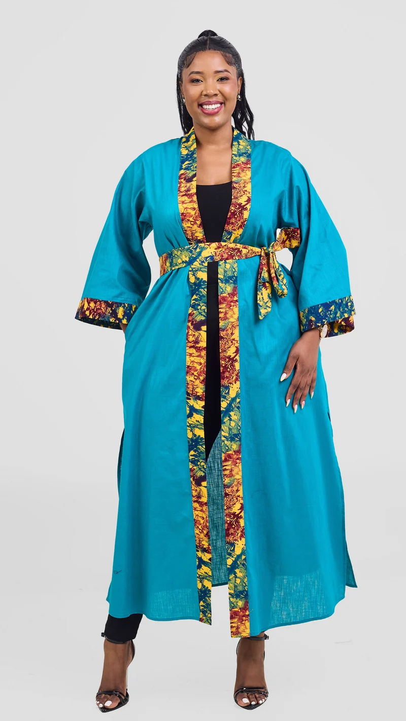 Safari Tafari High Slit Kimono - Teal / Keta Print