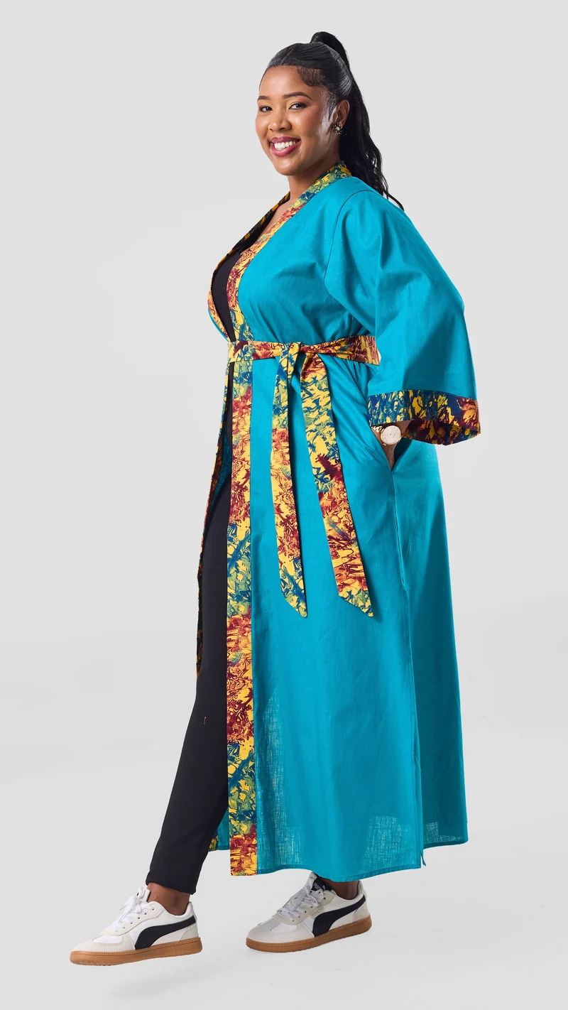 Safari Tafari High Slit Kimono - Teal / Keta Print