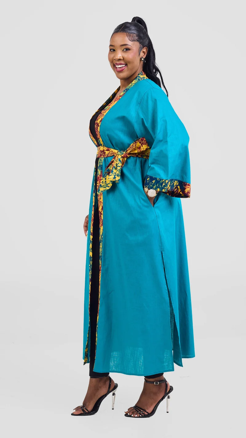 Safari Tafari High Slit Kimono - Teal / Keta Print