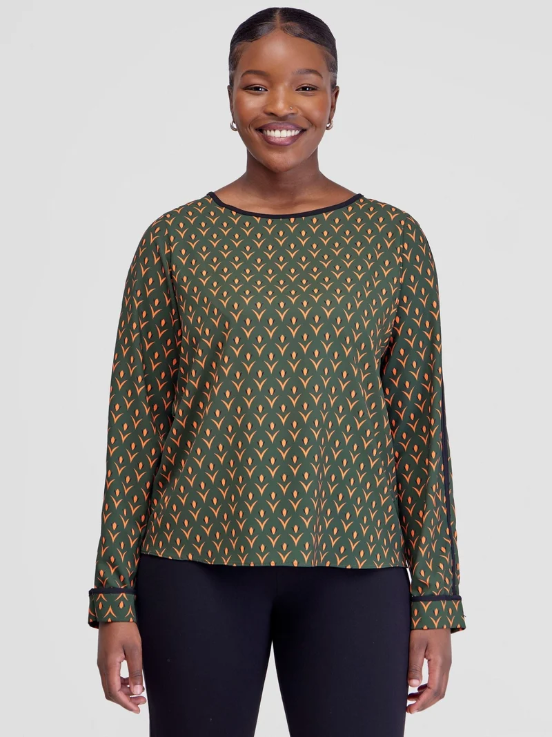 Vivo Vinna Slit Sleeve Top - Hunters / Orange Nina Print