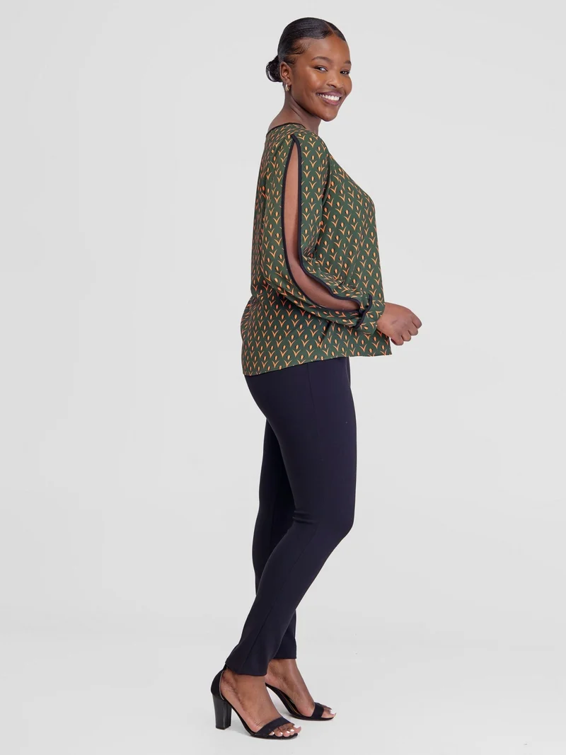 Vivo Vinna Slit Sleeve Top - Hunters / Orange Nina Print