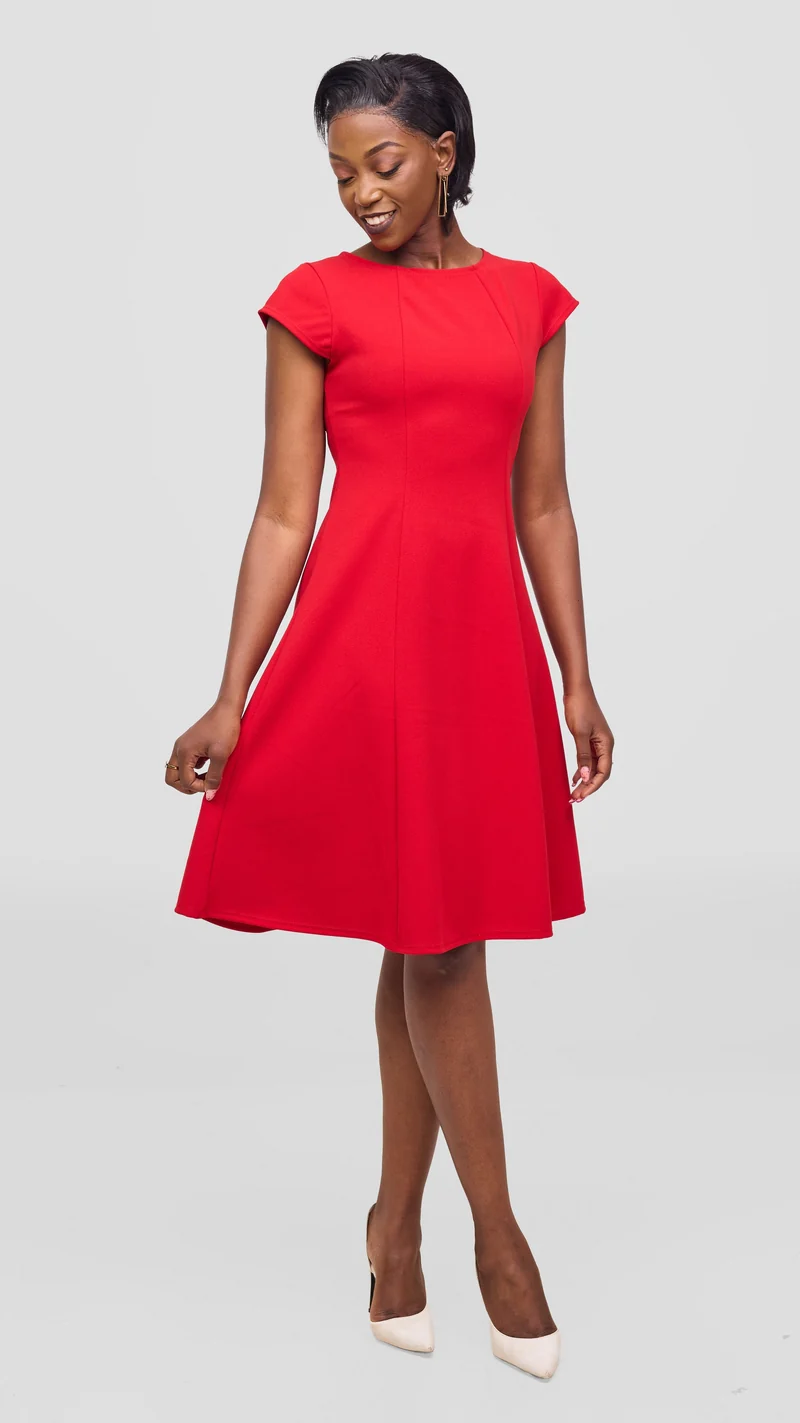 Vivo Basic Escape A-Line Dress in Ponte - Red
