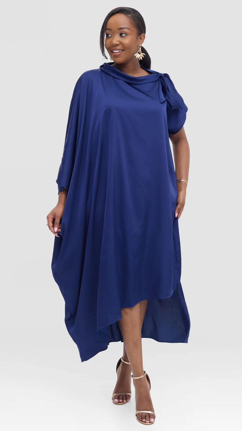 Vivo Takali Asymmetrical Midi Length Kaftan In Satin - Navy