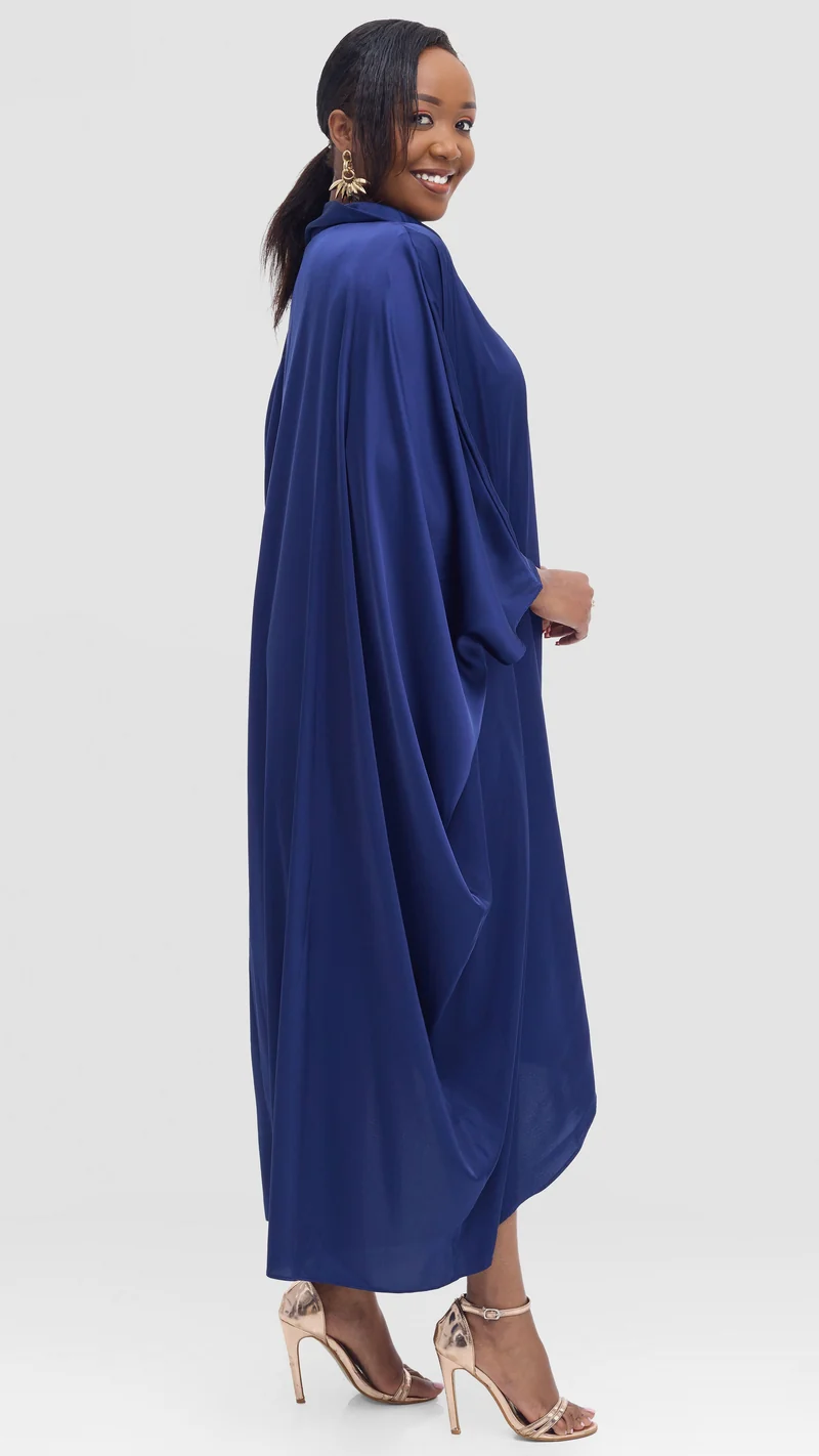 Vivo Takali Asymmetrical Midi Length Kaftan In Satin - Navy