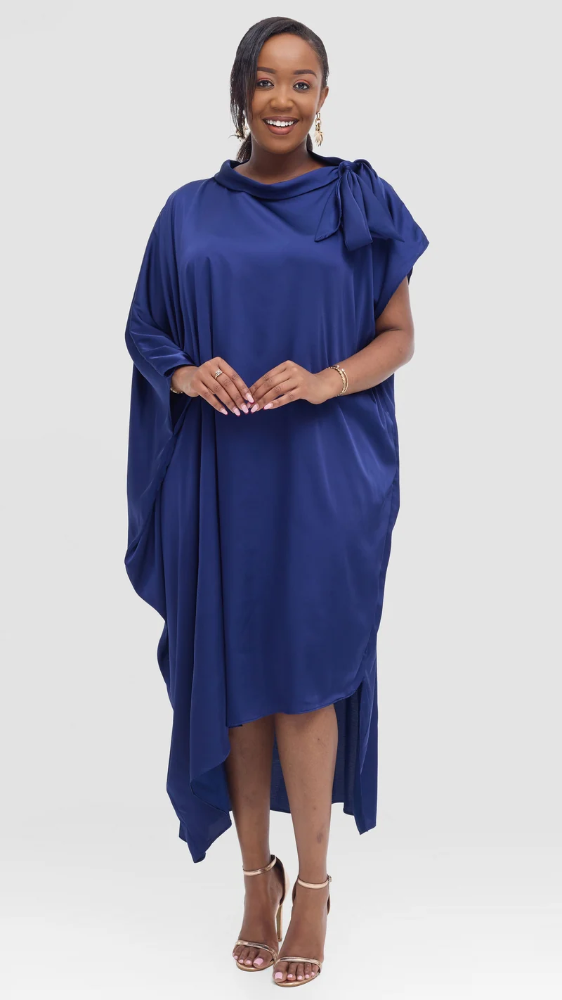 Vivo Takali Asymmetrical Midi Length Kaftan In Satin - Navy