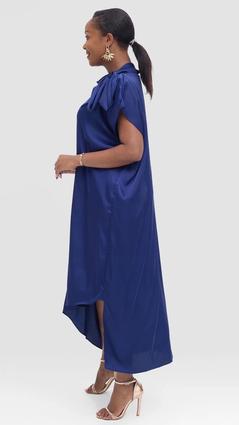 Vivo Takali Asymmetrical Midi Length Kaftan In Satin - Navy
