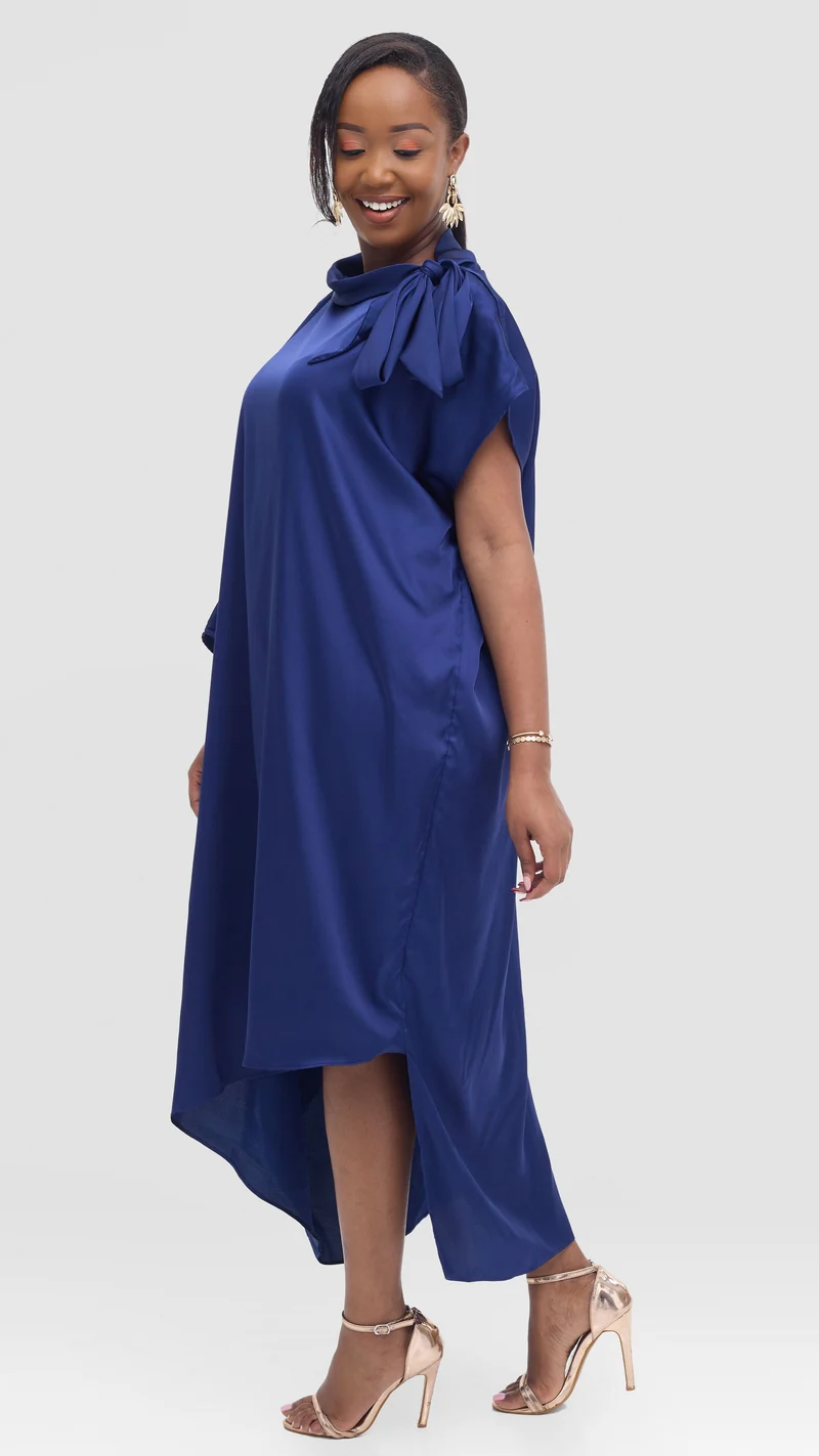 Vivo Takali Asymmetrical Midi Length Kaftan In Satin - Navy