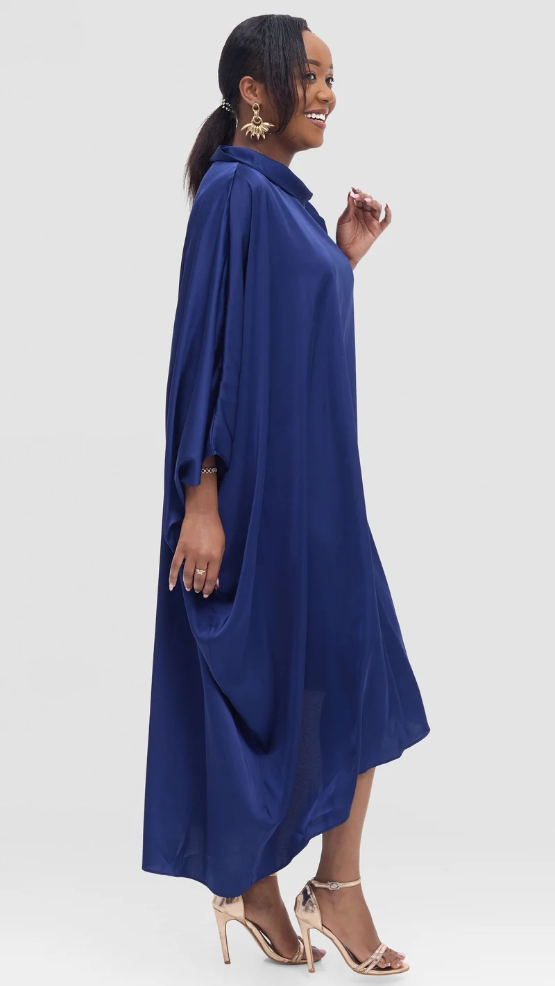 Vivo Takali Asymmetrical Midi Length Kaftan In Satin - Navy