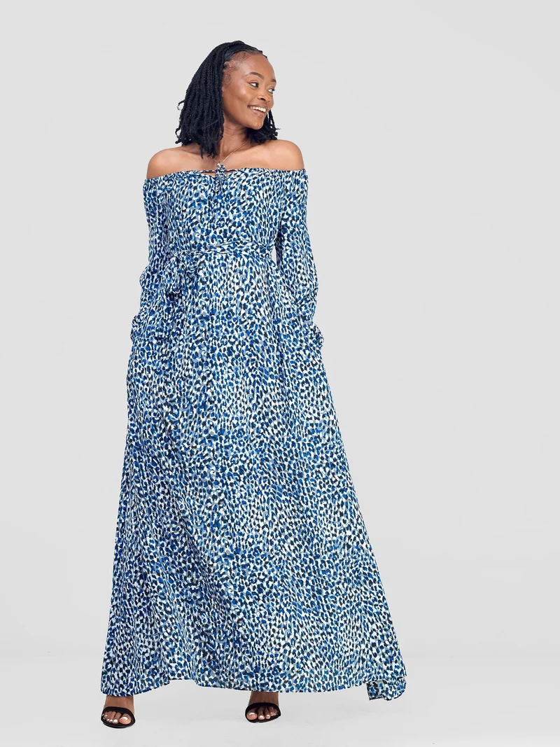 Vivo Zahari Off-Shoulder Maxi Dress - Blue / Grey Print