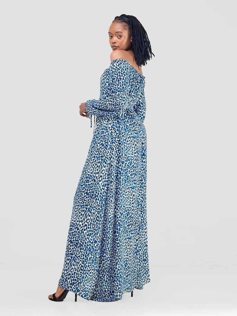 Vivo Zahari Off-Shoulder Maxi Dress - Blue / Grey Print