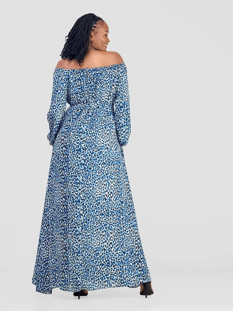 Vivo Zahari Off-Shoulder Maxi Dress - Blue / Grey Print