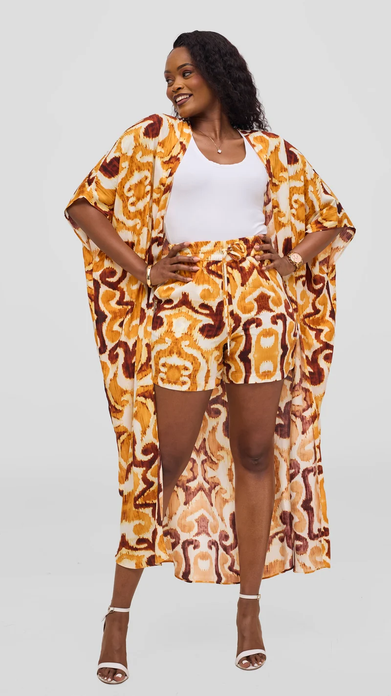Vivo Talia Kimono & Shorts Set - Light Yellow / Mustard Print