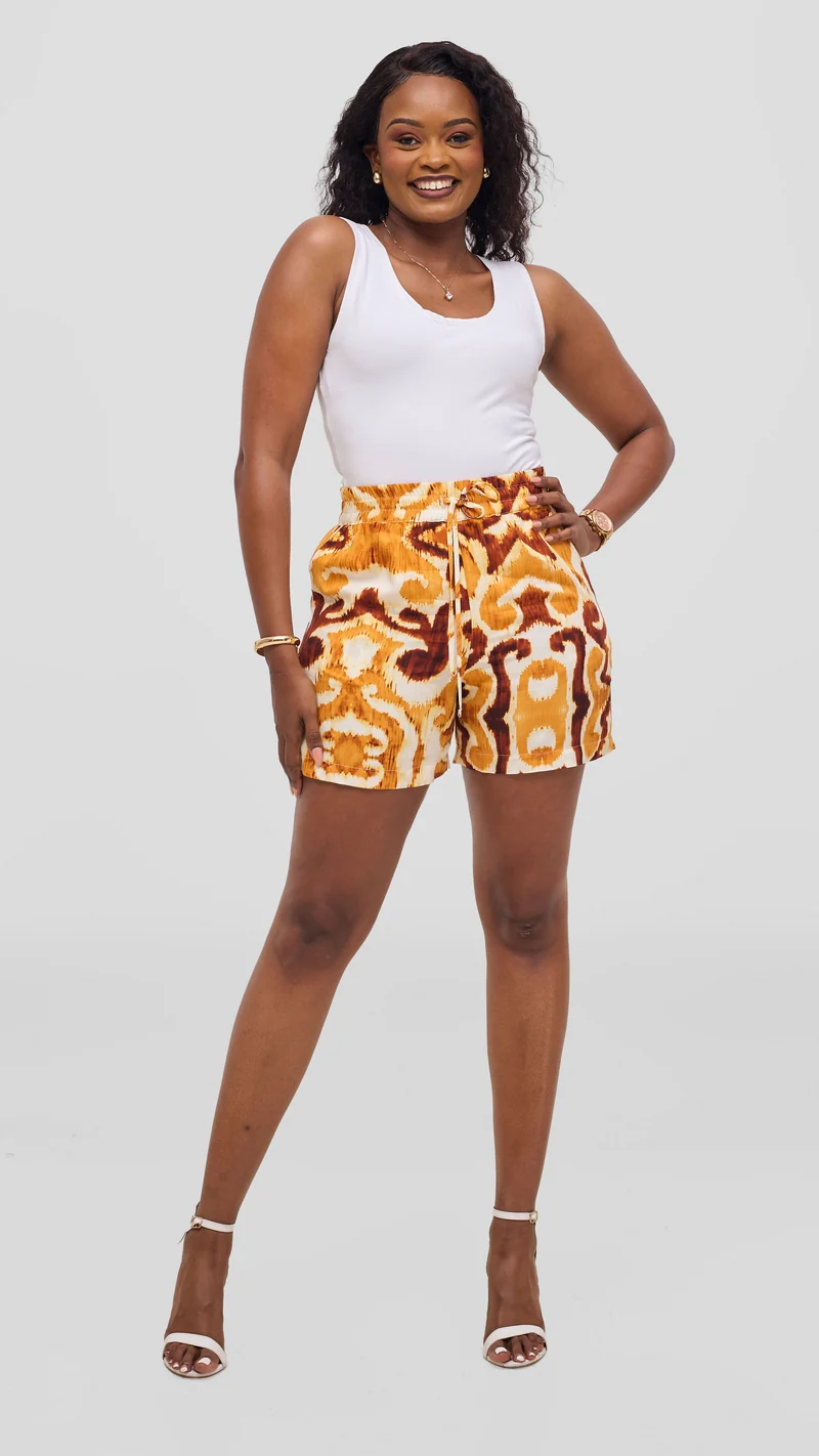 Vivo Talia Kimono & Shorts Set - Light Yellow / Mustard Print