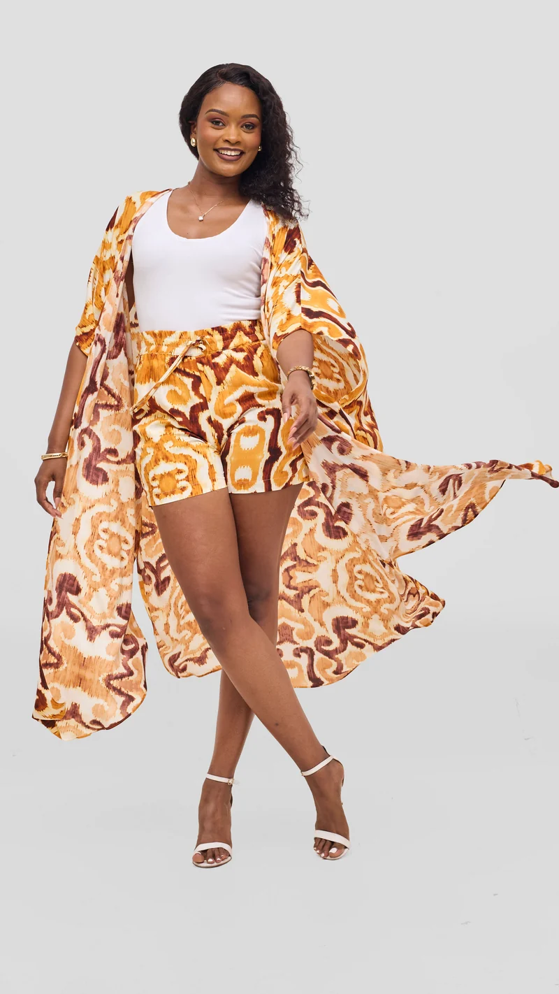 Vivo Talia Kimono & Shorts Set - Light Yellow / Mustard Print