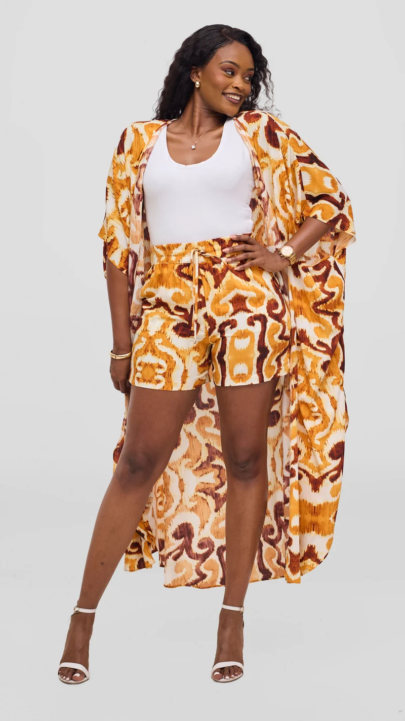 Vivo Talia Kimono & Shorts Set - Light Yellow / Mustard Print