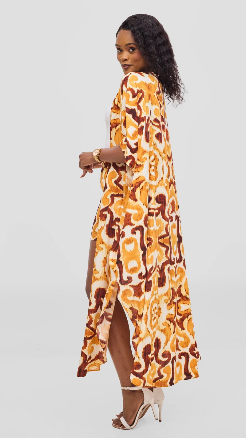 Vivo Talia Kimono & Shorts Set - Light Yellow / Mustard Print
