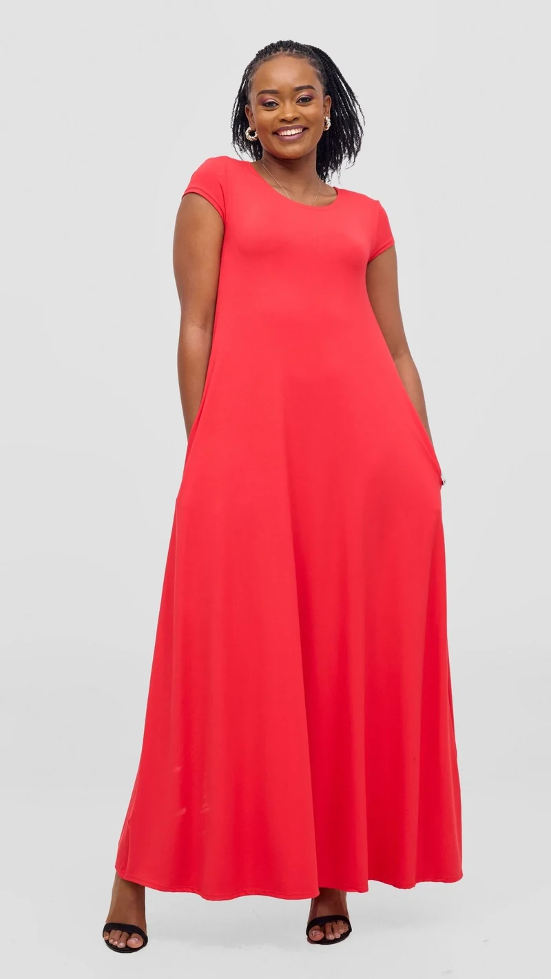 Vivo Leila Cap Sleeve Tent Maxi Dress - Red