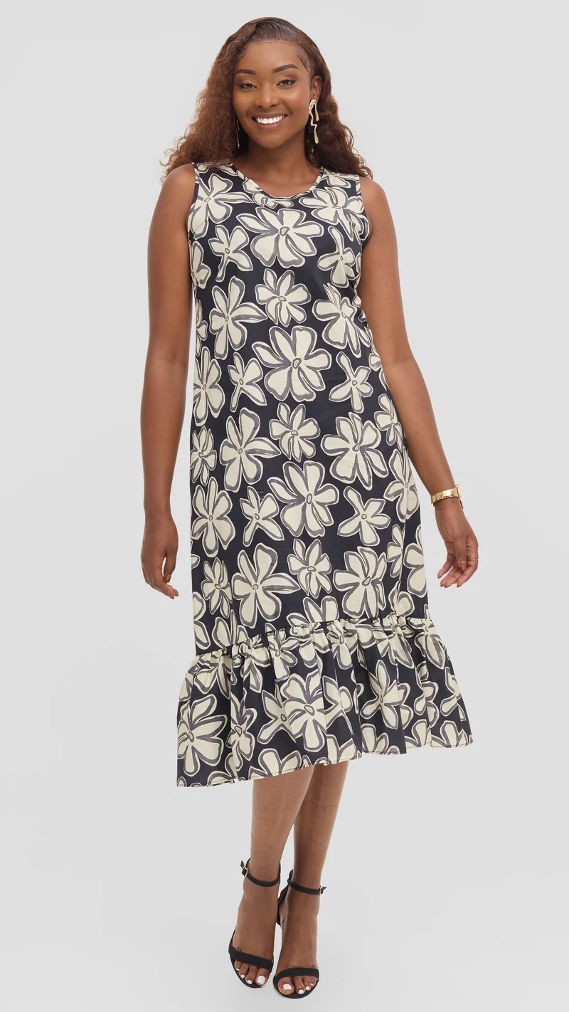 Vivo Dalia Sleeveless Tie Midi Dress in Print Cotton - Black Multicolor Print