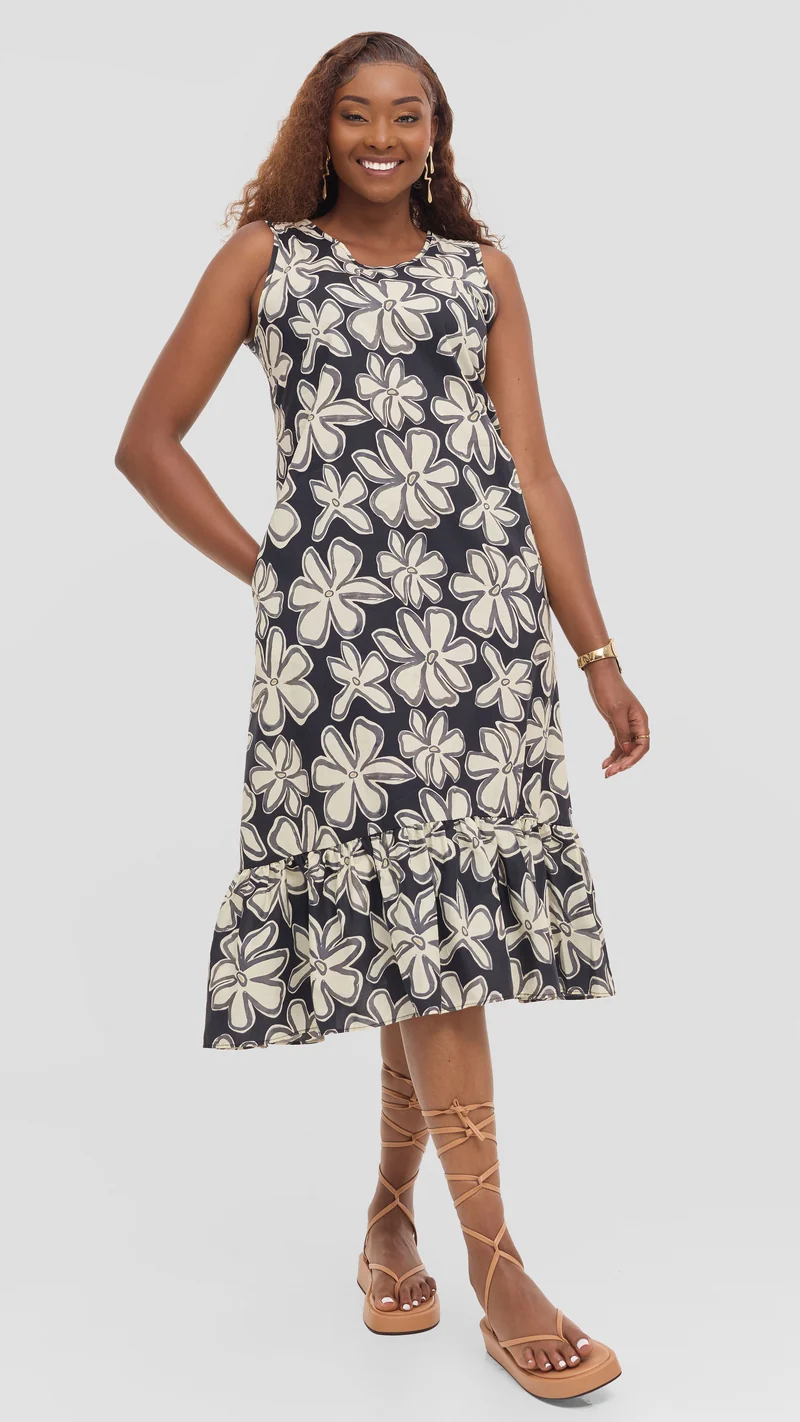 Vivo Dalia Sleeveless Tie Midi Dress in Print Cotton - Black Multicolor Print