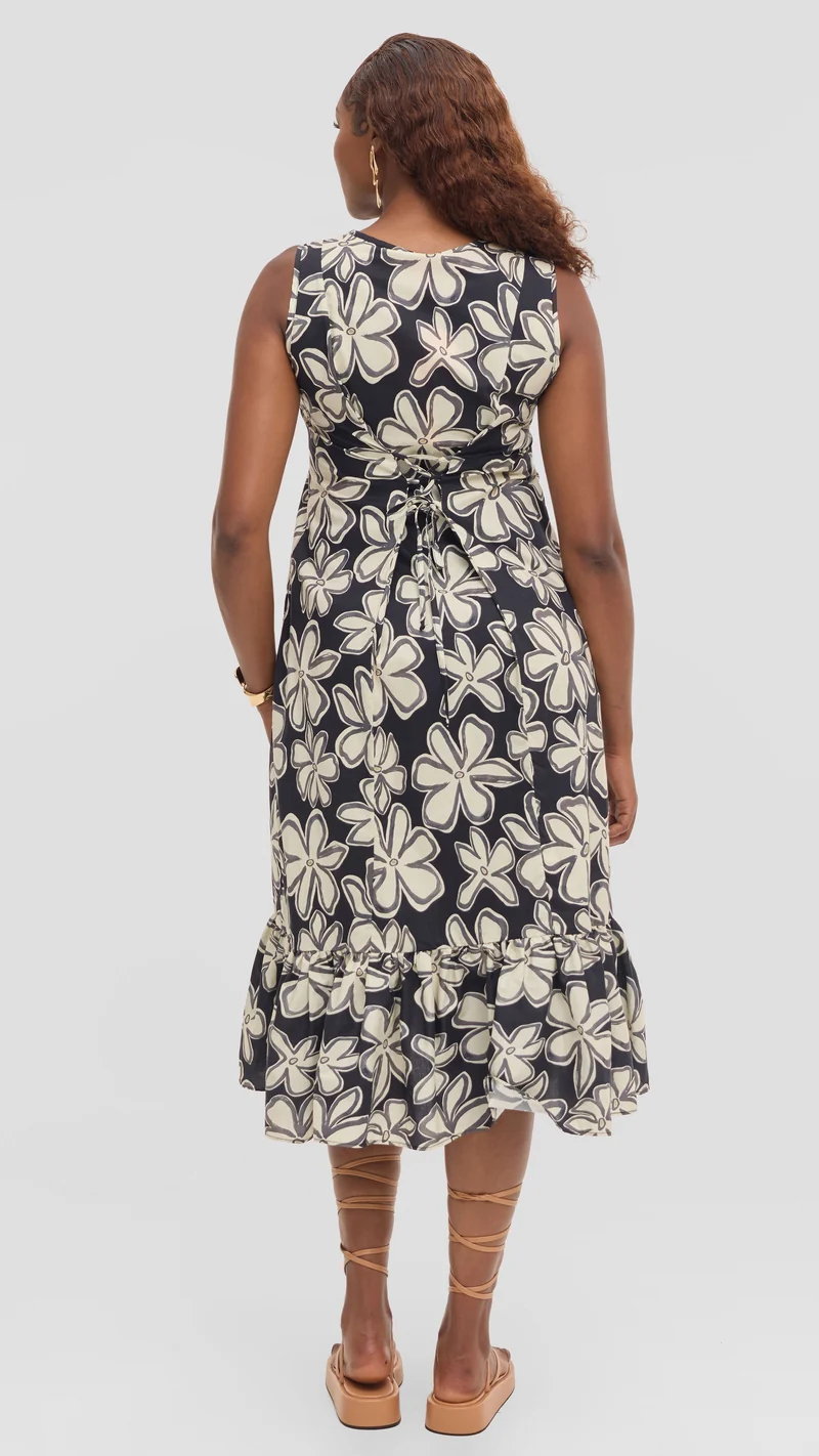 Vivo Dalia Sleeveless Tie Midi Dress in Print Cotton - Black Multicolor Print