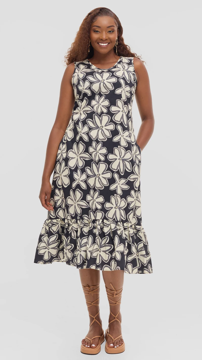 Vivo Dalia Sleeveless Tie Midi Dress in Print Cotton - Black Multicolor Print