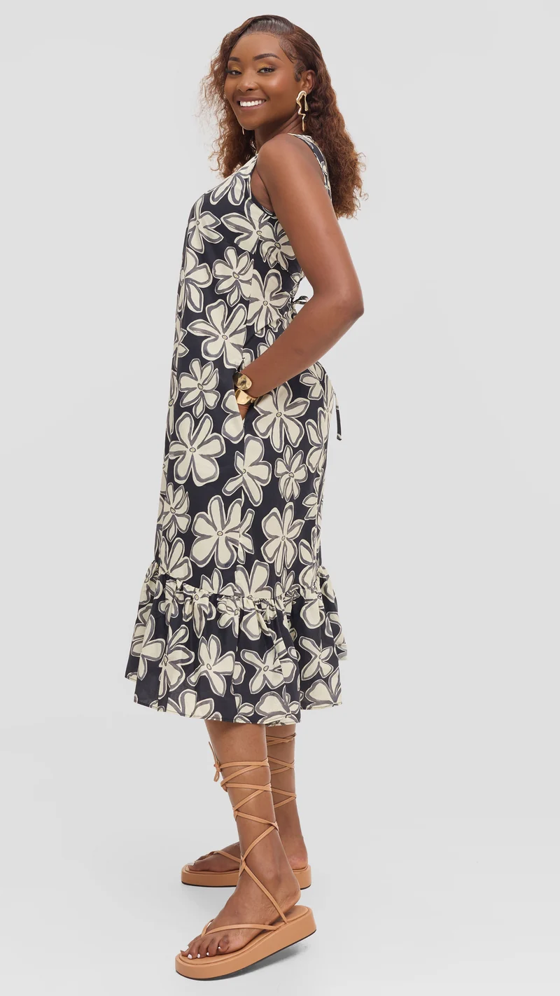 Vivo Dalia Sleeveless Tie Midi Dress in Print Cotton - Black Multicolor Print