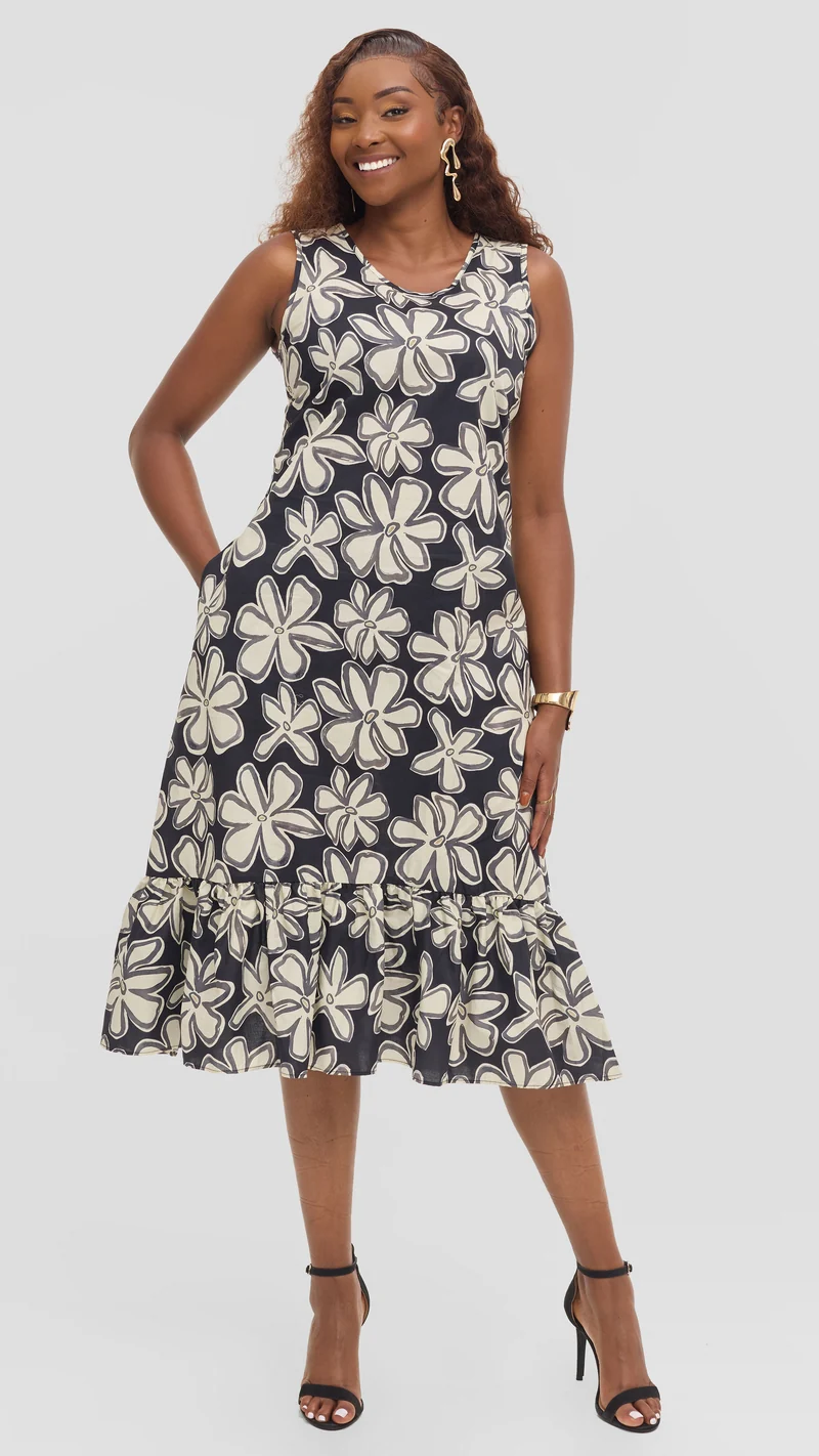 Vivo Dalia Sleeveless Tie Midi Dress in Print Cotton - Black Multicolor Print