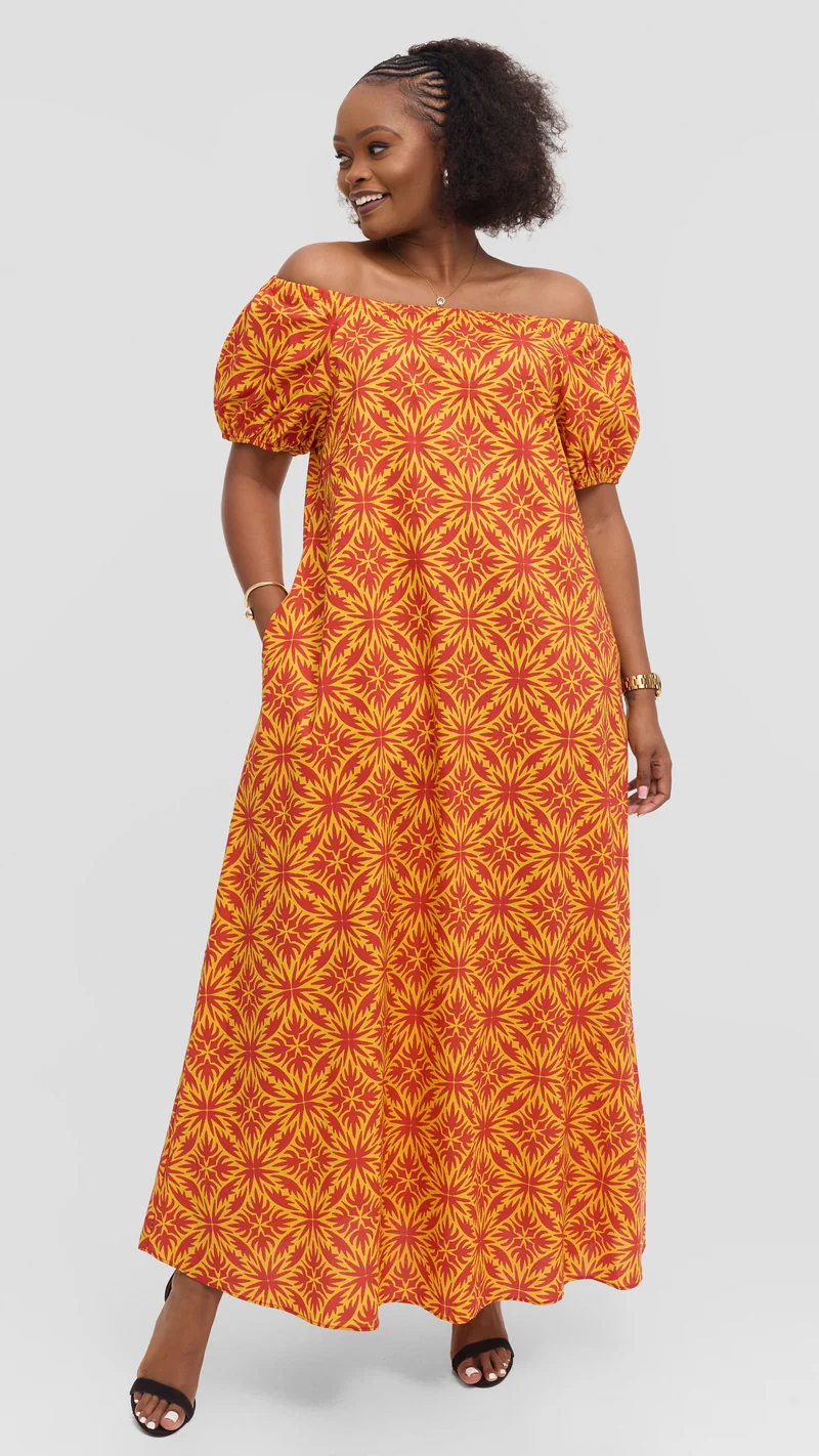 Vivo Off Shoulder Maxi Dress in Cotton - Red Multicolor Print